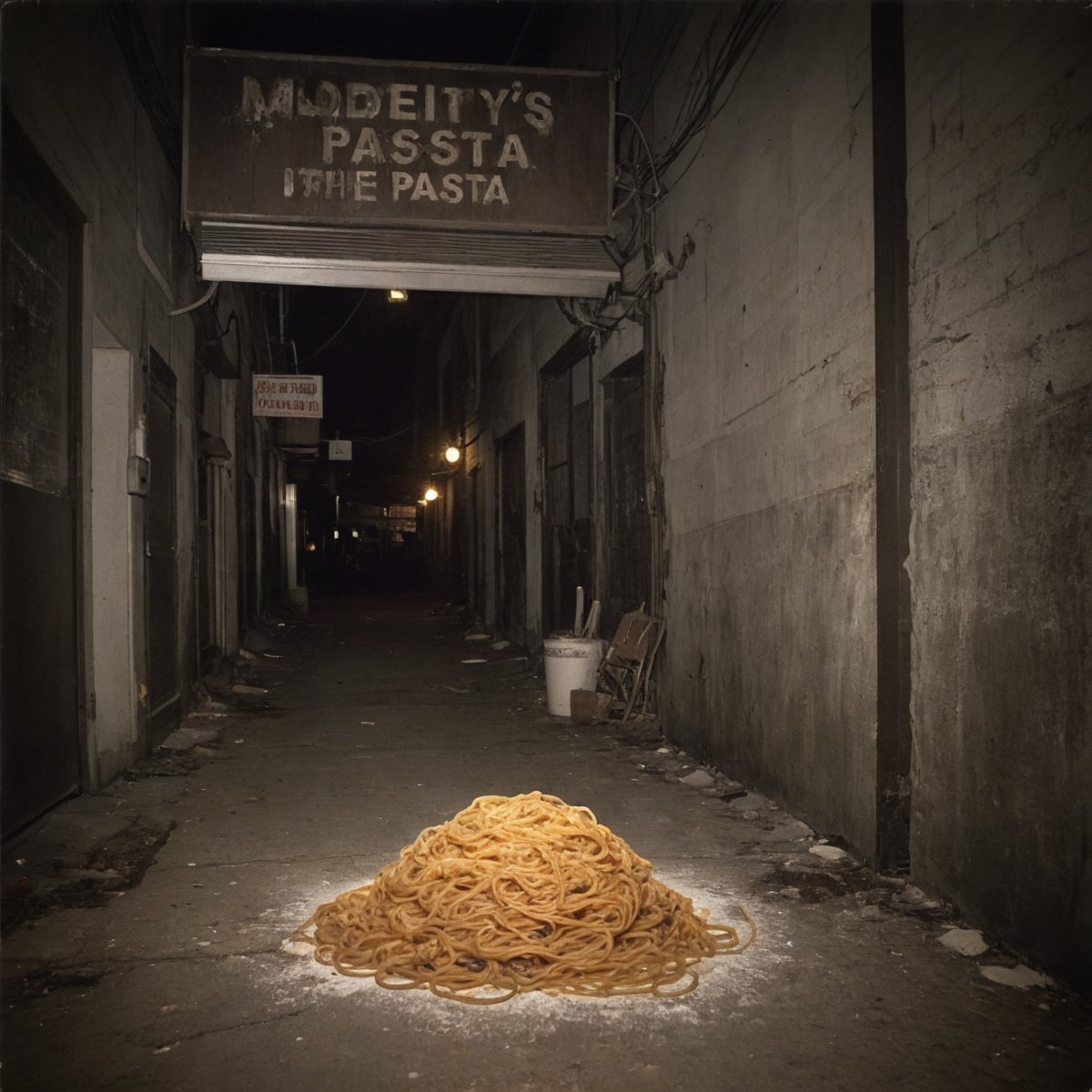 A decrepit, dimly-lit alleyway sets the eerie stage as a rickety, rusty-colored sign creaks in the faint breeze, bearing the ominous tagline: 'Moldy's Pasta - The Taste That'll Leave You Feeling Rotten!' A tangled mess of slimy, grayish-brown noodles writhe like snakes on a cracked, stone countertop, surrounded by wispy tendrils of mold. Flickering fluorescent lights above cast an unsettling glow as the camera zooms in on a single, mushy strand of pasta, its texture eerily reminiscent of skin.