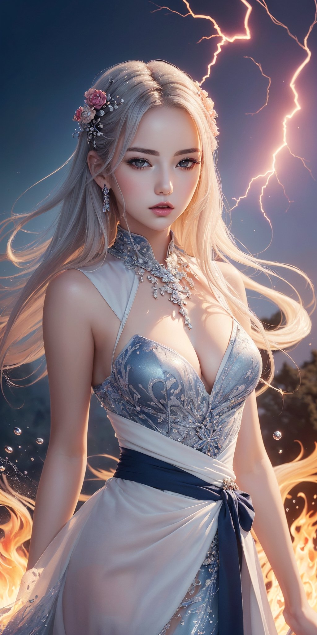 (masterpiece, top quality, best quality, official art, beautiful and aesthetic:1.2), (1girl:1.2), cute, extreme detailed,(abstract:1.4, fractal art:1.3),(silver_hair:1.1), fate \(series\), colorful,highest detailed, fire, ice, lightning, (splash_art:1.2), jewelry:1.4, hanfu, scenery, ((waist up portrait)), Sexy dress,