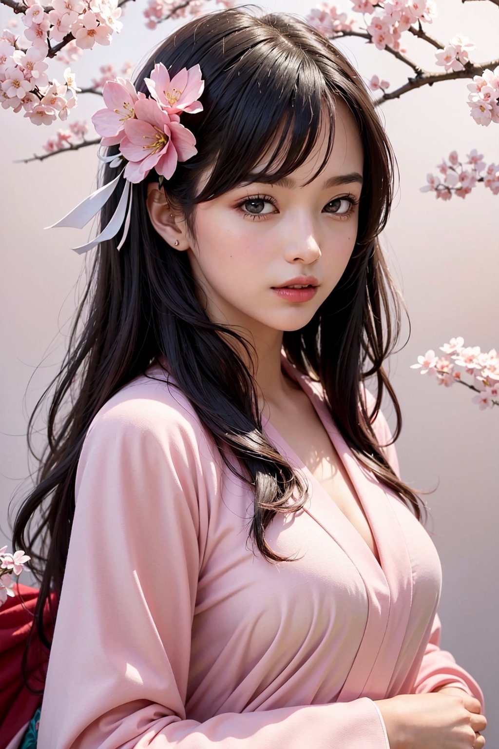 (masterpiece, top quality, best quality, official art, beautiful and aesthetic:1.2), (1girl), extreme detailed,(fractal art:1.3),colorful,highest detailed,ppcp,r1ge, sakura, cherry_blossoms, pink kimono,Animé, sakura, kimono, ((realistic)),looking at viewer,