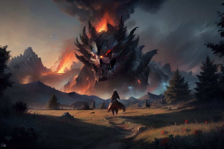 landscape art in a semirealistic style of a grasland with mountains in the background. there is a traveler standing in the distance only seing the silohette of the character. add flora and fona from a fantasy setting.  a giant creature on fire walking far in the dictance. grassy are with trees and flowers. the area near the creature is burned with trees that is on fire