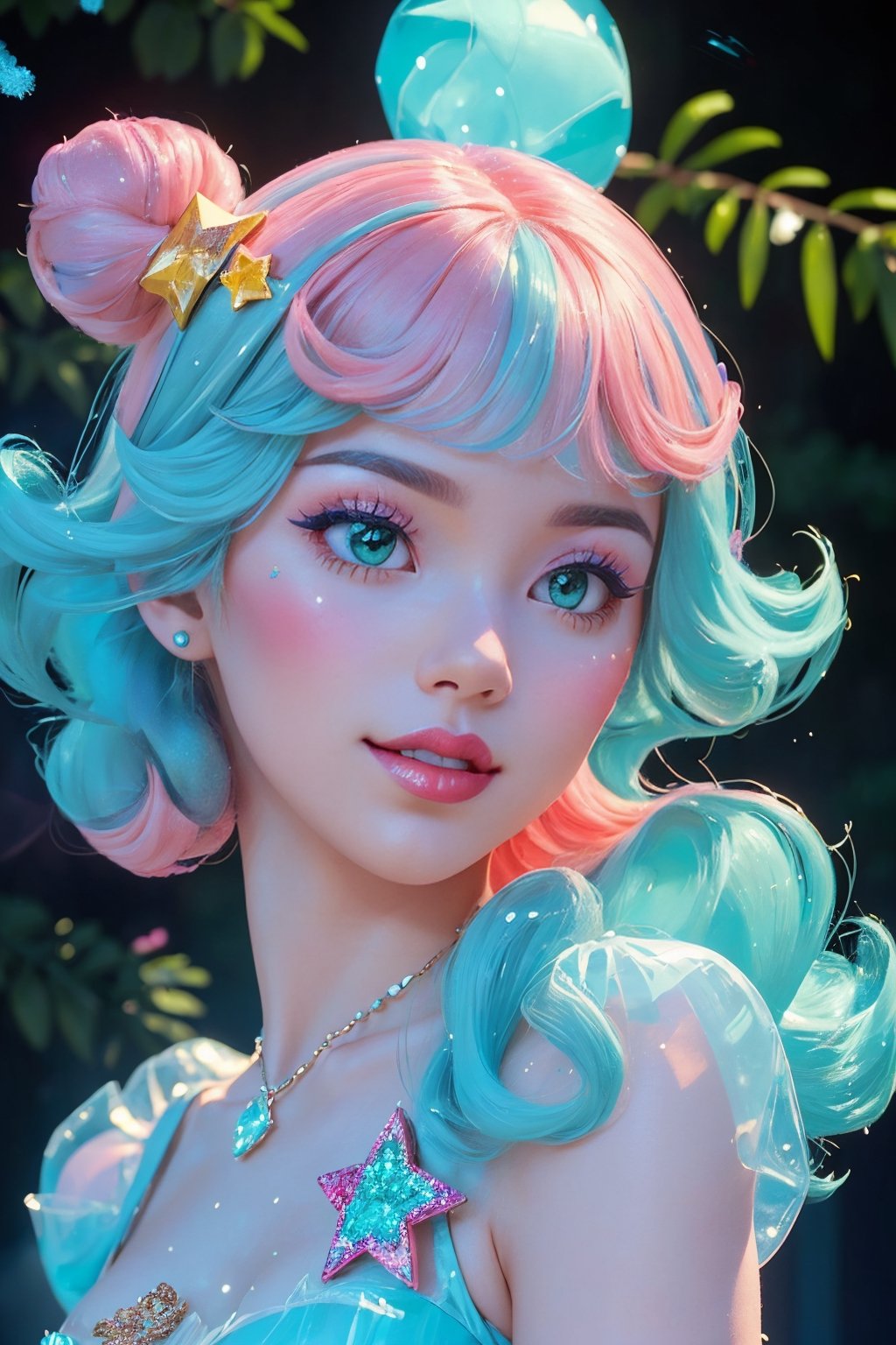 Surreal, Ultra High Quality, Movie Lighting, Huge, Detailed, Full, HD, Painting, (Fluorescent Color: 1.4), (Translucent: 1.4), (Retro Filter: 1.4), (Fantasy: 1.4), Fashion girl, dream girl, cowboy shot, well-proportioned body of six heads, cute smile, candy world, Disneyland, fun, happy, fantastic, dream, fluffy, breeze, waving hair, soft scenery, forest, snow avatar, pastel pink, pastel blue, sky, green, blue, sparkle, fantastic light, bright light, pastel, whimsical light, rainbow star, diamond sparkle, jewel background, well lit,