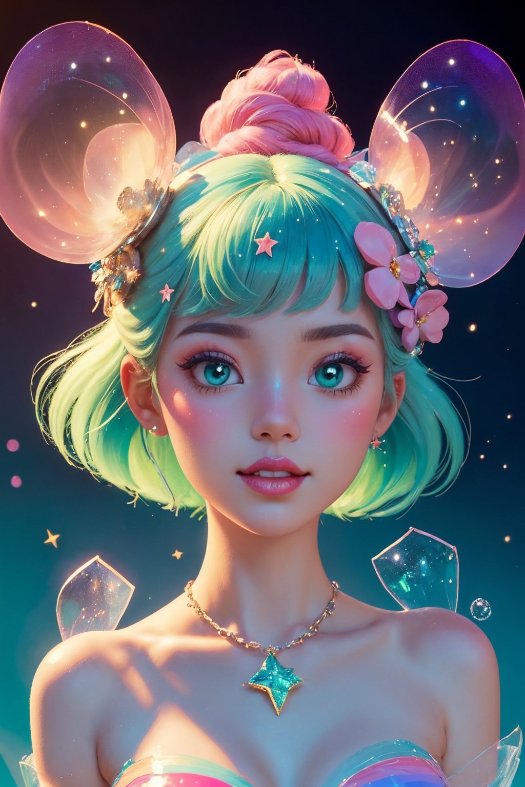 Surreal, Ultra High Quality, Movie Lighting, Huge, Detailed, Full, HD, Painting, (Fluorescent Color: 1.4), (Translucent: 1.4), (Retro Filter: 1.4), (Fantasy: 1.4), Fashion girl, dream girl, cowboy shot, well-proportioned body of six heads, cute smile, candy world, Disneyland, fun, happy, fantastic, dream, fluffy, soft landscape, forest, snow avatar, pastel pink, pastel blue, sky, green, blue, sparkle, fantastic light, pastel, whimsical light, rainbow star, diamond sparkle, jewel background, well lit,