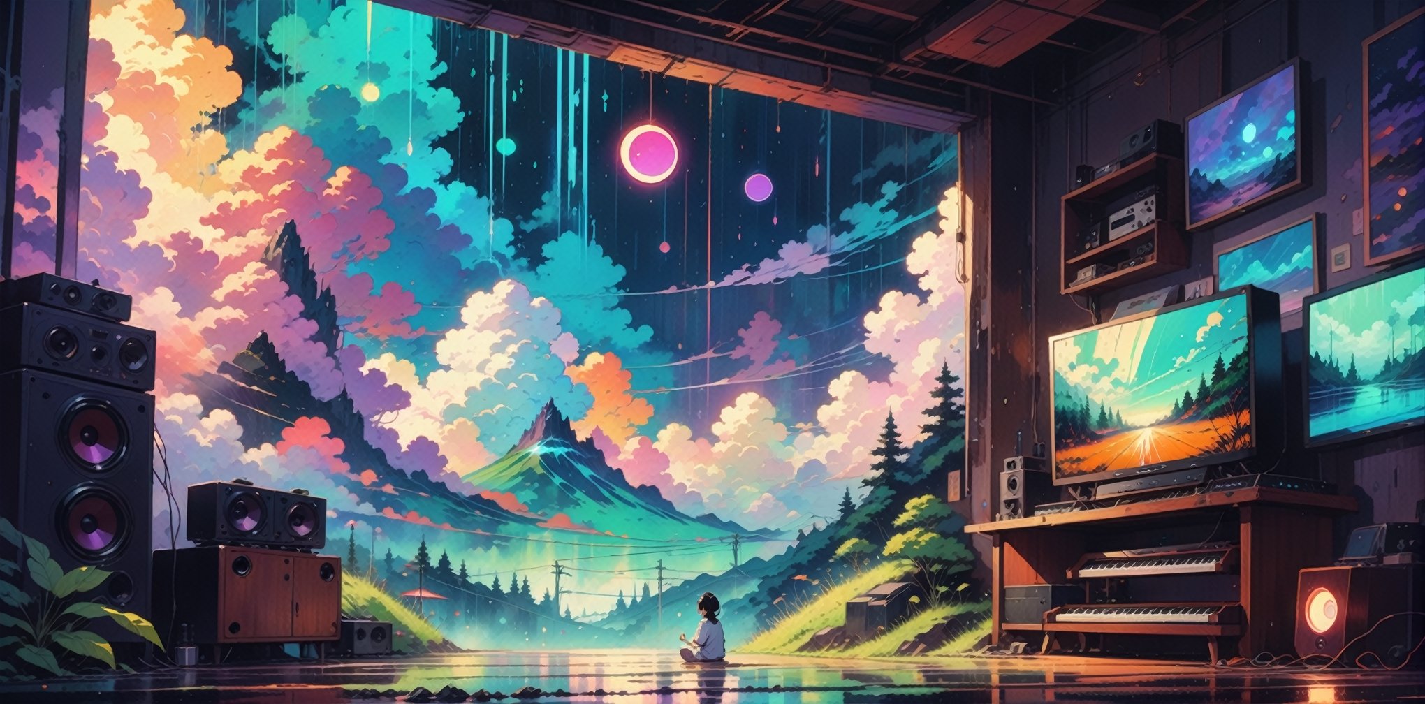 fine art,  oil painting, amazing sky,
.
 Girl meditating in her room, dreaming, Wear headphones, night lights, Neon landscape on a rainy day, Analog Color Theme, Lo-Fi Hip Hop , retrospective, flat, 2.5D, Large slope, Watercolor painting, Studio Ghibli Style, Awesome colorful, Outer Ton, krautrock, lofi art,  70s style,Old texture, amplitude,psychedelic vibe, masterpiece, Tremendous technology,
.
Makoto shinkai style, 2d, flat, cute, adorable, vintage, art on a cracked paper, fairytale, storybook detailed illustration, cinematic, ultra highly detailed, tiny details, beautiful details, mystical, vibrant colors, complex background,more detail XL,girl,lofi