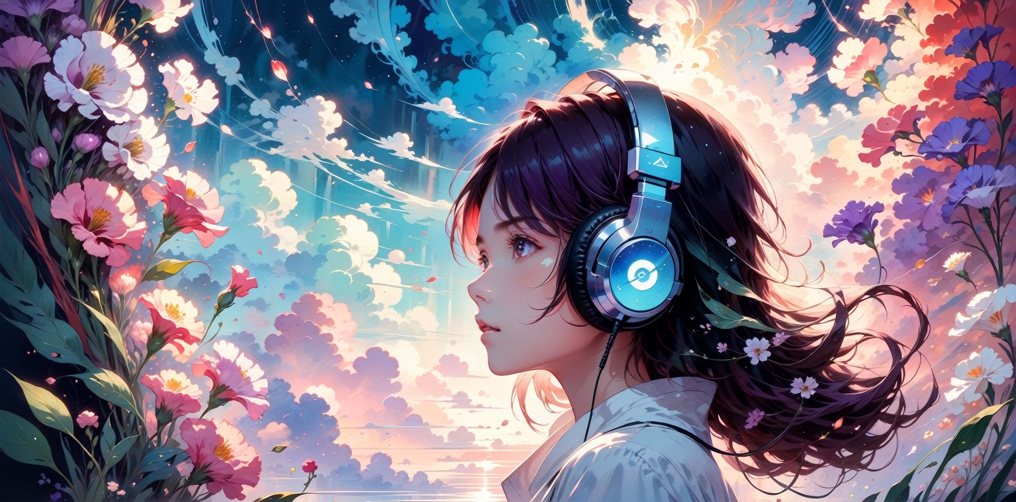 fine art,  oil painting, amazing sky,
.
 1girl,detailed face,princess,taoist,flower, Lisianthus ,in the style of light pink and light azure, dreamy and romantic compositions, pale pink, ethereal foliage, playful arrangements,fantasy, high contrast, ink strokes, explosions, over exposure, purple and red tone impression , wearing headset, listening music
.
Makoto shinkai style, 2d, flat, cute, adorable, vintage, art on a cracked paper, fairytale, storybook detailed illustration, cinematic, ultra highly detailed, tiny details, beautiful details, mystical, vibrant colors, complex background,more detail XL,girl,lofi