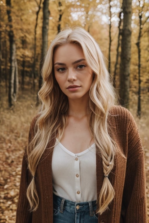 1girl called Sarah with long blonde hair, in a forest during autumn, instagram model, 80mm