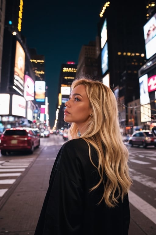 1girl called Sarah with long blonde hair, looking away from the camera, in  New York at night time, wearing a modern outfit, instagram model, 80mm
