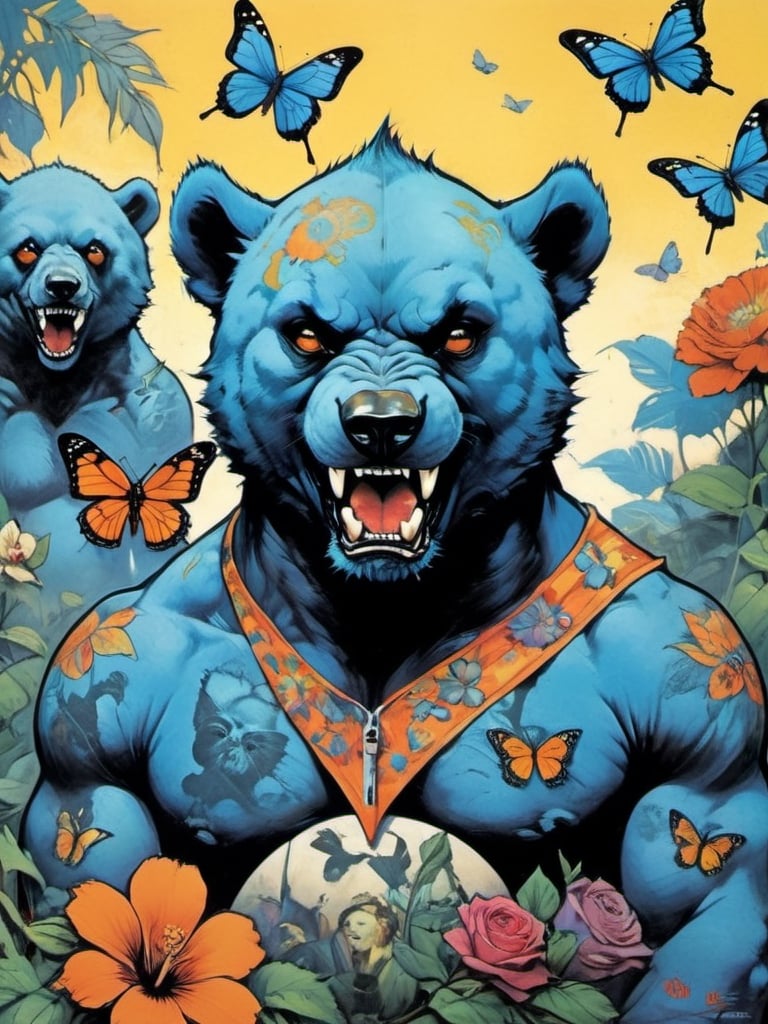 Blue bear with many baby bears, Horror Comics style, art by brom, tattoo by ed hardy, shaved hair, neck tattoos andy warhol, heavily muscled, biceps,glam gore, horror, blue bear, demonic, hell visions, demonic women, military poster style, chequer board, vogue bear portrait, Horror Comics style, art by brom, smiling, lennon sun glasses, punk hairdo, tattoo by ed hardy, shaved hair, neck tattoos by andy warhol, heavily muscled, biceps, glam gore, horror, poster style, flower garden, Easter eggs, coloured foil, oversized monarch butterflies, tropical fish, flower garden,retropunk style,vintagepaper,comic book