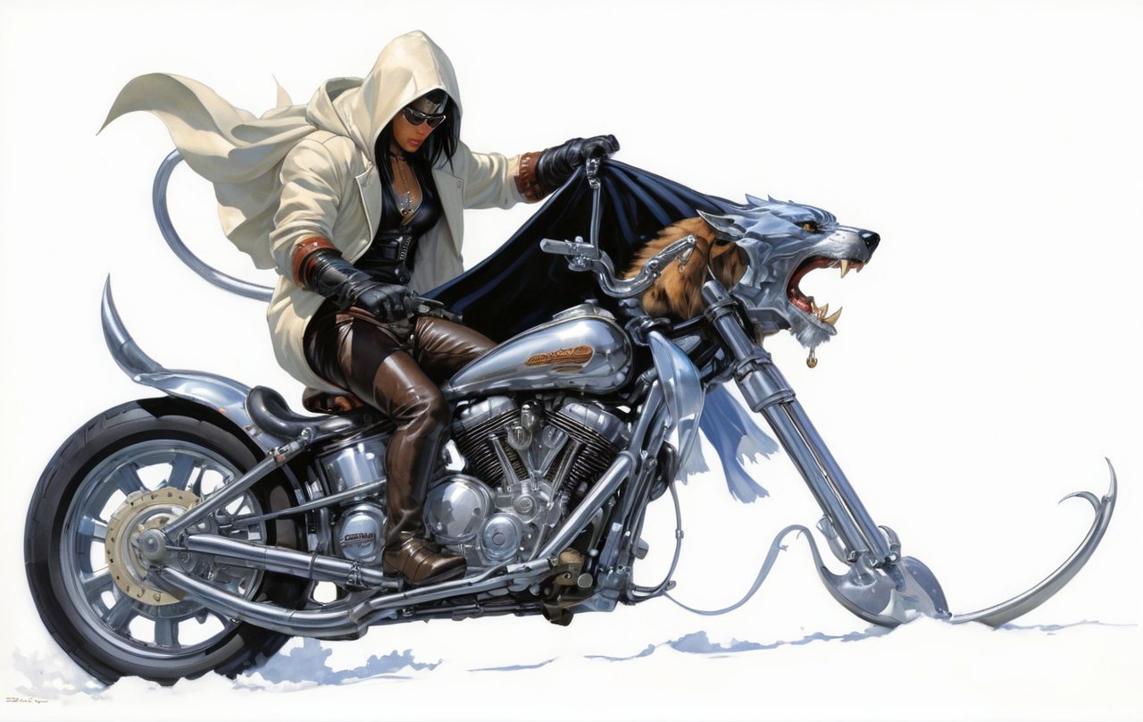 art by Masamune Shirow, art by J.C. Leyendecker, art by boris vallejo, art by brom, art by simon bisley, a masterpiece, a dude riding a hells harleydavidson, a hotted up sexy bike sled, a chrome wolf head styled fuel container, ape hanger handlebars, wearing a hooded cloak, looking fucking cool, 