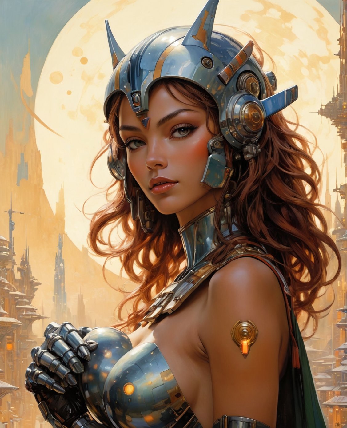 art by Masamune Shirow, art by J.C. Leyendecker, art by boris vallejo, art by gustav klimt, art by simon bisley, a masterpiece, stunning beauty, hyper-realistic oil painting, a galactic scene, Ahsoka Tano, combined with Robby the Robot, 