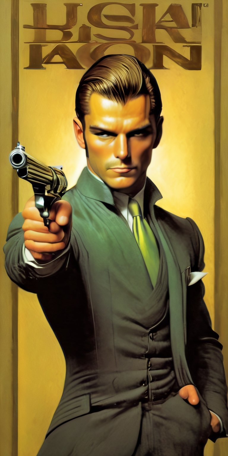 art by Masamune Shirow, art by J.C. Leyendecker, art by boris vallejo, a masterpiece, stunning beauty, hyper-realistic oil painting, vibrant colors, a James Bond type character, dark chiarascuro lighting, aiming a Luger pistol at the viewer, holding the Luger pistol in his right hand,  fighting bad guys, driving an Aston Martin, a telephoto shot, 1000mm lens, f2,8,vertical lines of green matrix code