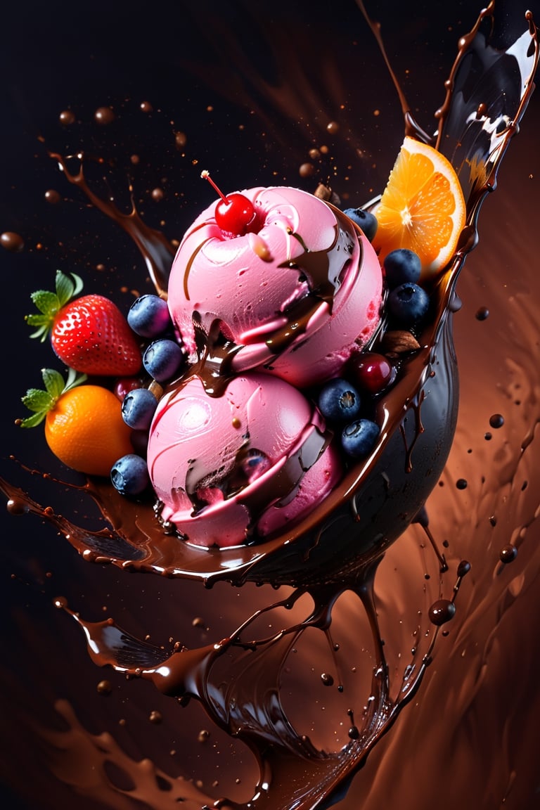 a macroscopic photograph of strawberry ice cream with cherry cream, ice cubes, maraschino cherries, blueberries, mandarin segments, dark chocolate sauce, nuts, mint leaves, splashing dark chocolate sauce, in a gradient cerry colouredbackground, fluid motion, dynamic movement, cinematic lighting, palette knife, digital artwork by Beksinski,action shot,sweetscape, 3D, oversized fruit, caramel theme, art by Klimt, airbrush art, food photography,