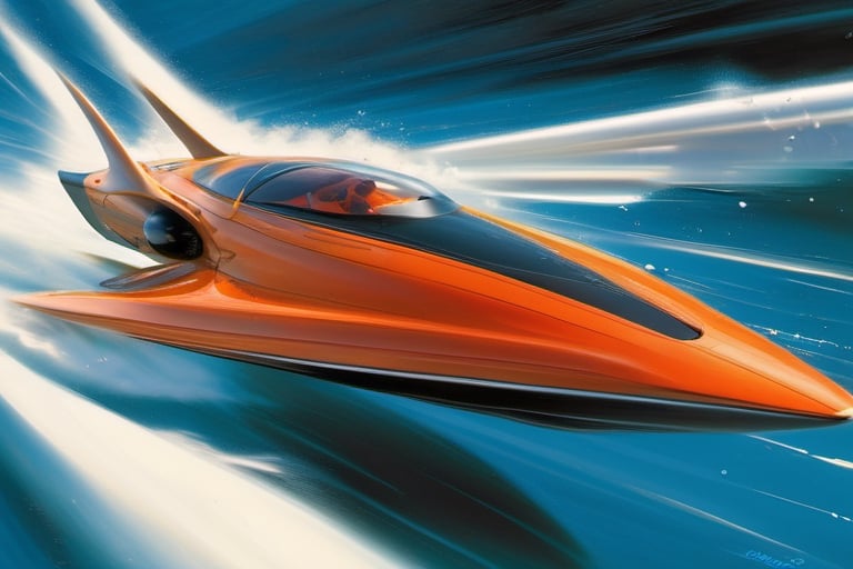 a futuristic concept speedboat , racing other speedboats, racing colours, racing numbers, rocket thrusters, outriggers, glass roofs, aerodynamic, struggling to win the race, art by glen keane, art by john Berkey, art by chris foss, art by frank frazetta, 