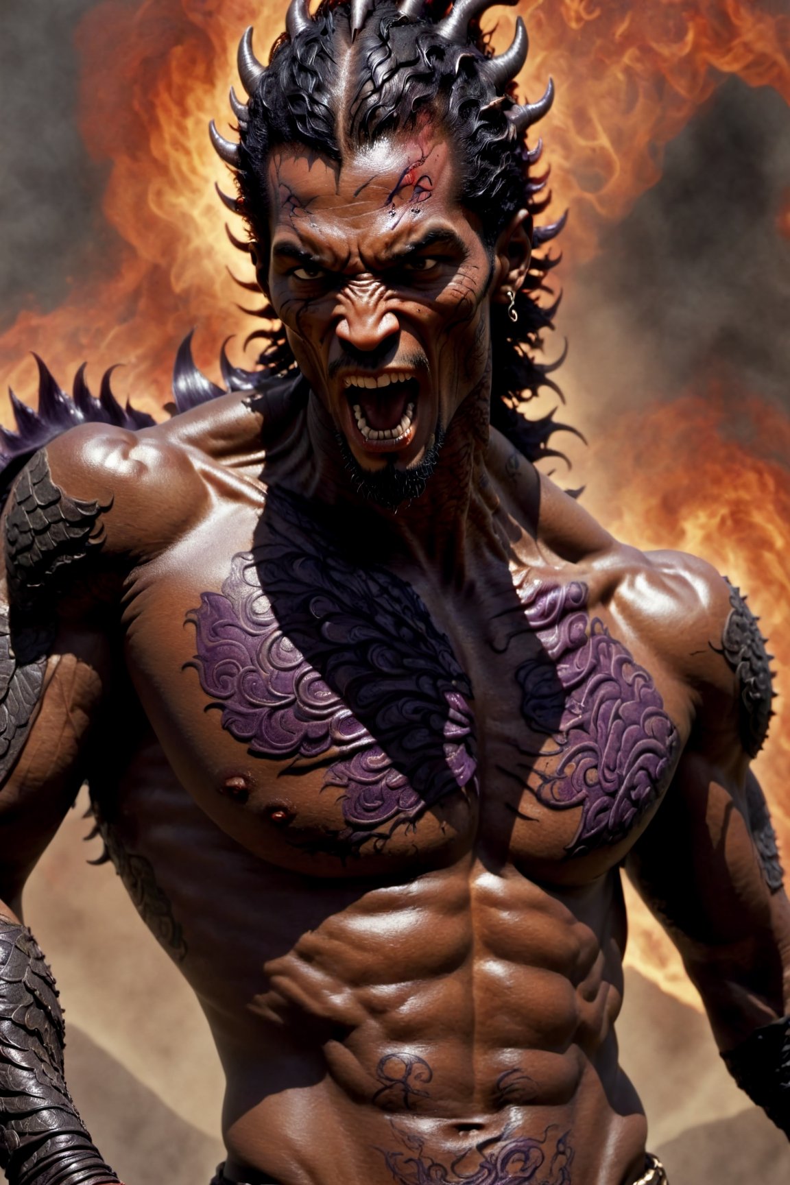 An sexy black african mans arm and shoulder, telephoto lens shot, man is bellowing , raging and staring at the viewer, the arm and shoulder is covered in a detailed intricate dark purple and crimson dragon tattoo on his chest and back that is protruding out, out in to reality, its screaming, scratching, smoking, similar to dragon tattoo by Boris Vallejo, frank frazetta style, slowly you see the small dragon tattoo in parts is coming out of the skin and becoming a real version of the tattoo, sticking out, scales, extended claws, 16K, cinematic movie still, like the movie the 300, omatsuri,3un,flmngprsn