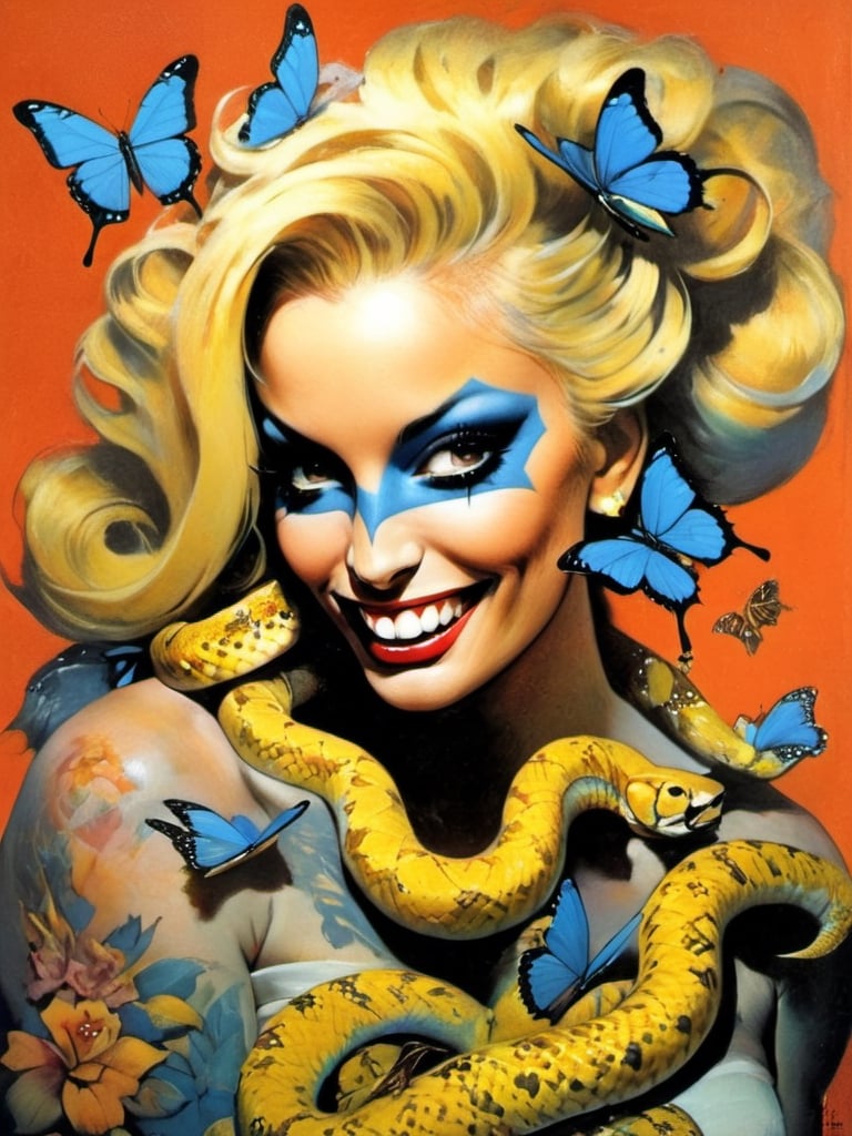 yellow snake with many baby yellow snakes, Horror Comics style, art by brom, tattoo by ed hardy, shaved hair, neck tattoos andy warhol, heavily muscled, biceps,glam gore, horror, blue bear, demonic, hell visions, demonic women, military poster style, chequer board, vogue snake portrait, Horror Comics style, art by brom, smiling, lennon sun glasses, punk hairdo, tattoo by ed hardy, shaved hair, neck tattoos by andy warhol, heavily muscled, biceps, glam gore, horror, poster style, flower garden, oversized monarch butterflies, tropical fish, flower garden,
