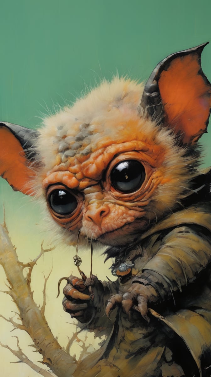 art by ralph steadman, art by brom, art by simon bisley, a masterpiece, ahighly detaikled, a star wars crearure, big boggly eyes, small dark pupil, bat like ears, short fluffy skin and fur, cling to a branch with small black scaley hands, sigma 1000 mm lens, f2.8, eyes in focus, 