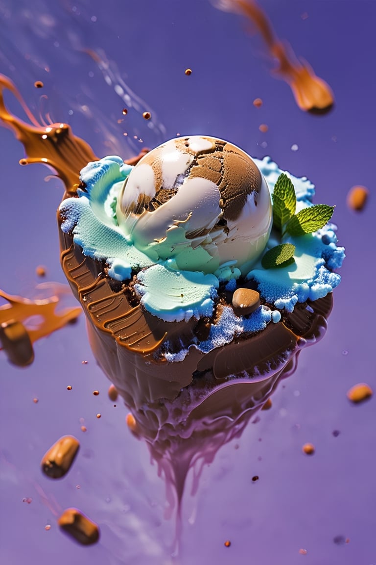 an extreme close up, macro photograph of chocolate chip mint ice cream with mint cream, in a stylish modern glass, ice cubes, nuts, large mint leaves, splashing mint cream, in a gradient purple background, fluid motion, dynamic movement, cinematic lighting, Mysterious, golden ratio, fake detail, trending pixiv fanbox, acrylic palette knife, style of makoto shinkai studio ghibli genshin impact james gilleard greg rutkowski chiho aoshima,digital artwork by Beksinski,action shot