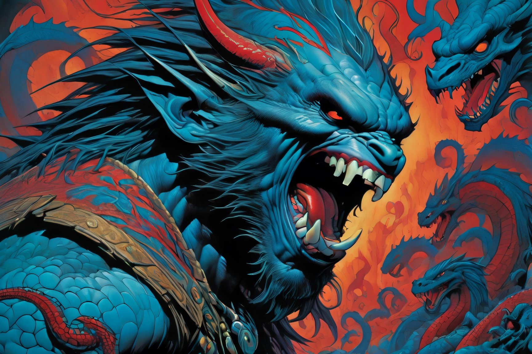 close up of the mans face, a sexy black african mans arm and shoulder, man is staring screaming at the viewer, raging, long hair, the arm and shoulder are covered in a very detailed intricate red and blue dragon tattoo that is protruding outfrom the skin, coming alive, its screaming, scratching, similar to dragon tattoo by Boris Vallejo, slowly you see the small dragon tattoo in parts is coming out of the skin and becoming a real version of the tattoo, sticking out, scales, extended claws, spit, spittle, blood drops, 16K, movie still, cinematic, ,omatsuri,DonMn1ghtm4reXL,DonMWr41thXL ,potma style,monster,retropunk style,Starship,zj,oni style