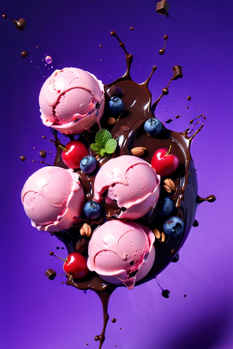 an extreme close up, macro photograph of strawberry ice cream with cherry cream, ice cubes, maraschino cherries, blueberries, dark chocolate sauce, nuts, mint leaves, splashing dark chocolate sauce, in a gradient purple background, fluid motion, dynamic movement, cinematic lighting, Mysterious, golden ratio, acrylic palette knife, style of makoto shinkai studio ghibli genshin impact james gilleard greg rutkowski chiho aoshima,digital artwork by Beksinski,action shot,sweetscape, 3D, oversized fruit, honey theme, ,realistic,photo realistic