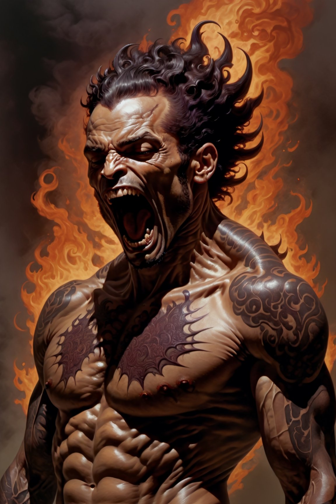 An sexy black african mans arm and shoulder, mid shot, man is bellowing , raging and staring at the viewer, the arm and shoulder is covered in a detailed intricate dark purple and crimson dragon tattoo on his chest and back that is protruding out, out in to reality, its screaming, scratching, smoking, similar to dragon tattoo by Boris Vallejo, frank frazetta style, slowly you see the small dragon tattoo in parts is coming out of the skin and becoming a real version of the tattoo, sticking out, scales, extended claws, 16K, cinematic movie still, like the movie the 300,
