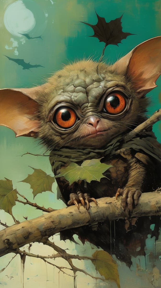 art by ralph steadman, art by brom, art by simon bisley, a masterpiece, ahighly detaikled, a star wars crearure, big boggly eyes, small dark pupil, bat like ears, short fluffy skin and fur, cling to a branch with small black scaley hands, sigma 1000 mm lens, f2.8, eyes in focus, 