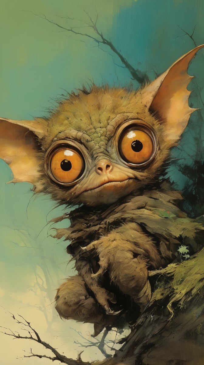 art by ralph steadman, art by brom, art by simon bisley, a masterpiece, ahighly detaikled, a star wars crearure, big boggly eyes, small dark pupil, bat like ears, short fluffy skin and fur, cling to a branch with small black scaley hands, sigma 1000 mm lens, f2.8, eyes in focus, 