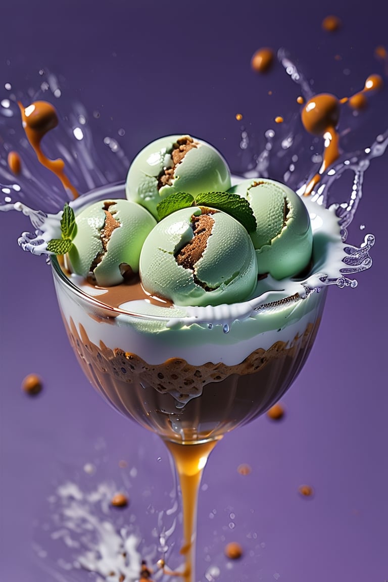 an extreme close up, macro photograph of chocolate chip mint ice cream with lime milk cream, in a stylish modern glass, ice cubes, nuts, mint leaves, splashing milk cream, in a gradient purple background, fluid motion, dynamic movement, cinematic lighting, Mysterious, golden ratio, fake detail, trending pixiv fanbox, acrylic palette knife, style of makoto shinkai studio ghibli genshin impact james gilleard greg rutkowski chiho aoshima,action shot,ice and water, mint water, ,digital artwork by Beksinski