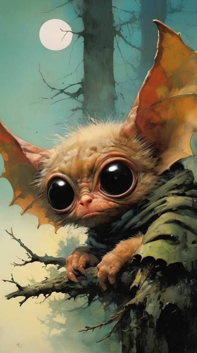 art by ralph steadman, art by brom, art by simon bisley, a masterpiece, ahighly detaikled, a star wars crearure, big boggly eyes, small dark pupil, bat like ears, short fluffy skin and fur, cling to a branch with small black scaley hands, sigma 1000 mm lens, f2.8, eyes in focus, 