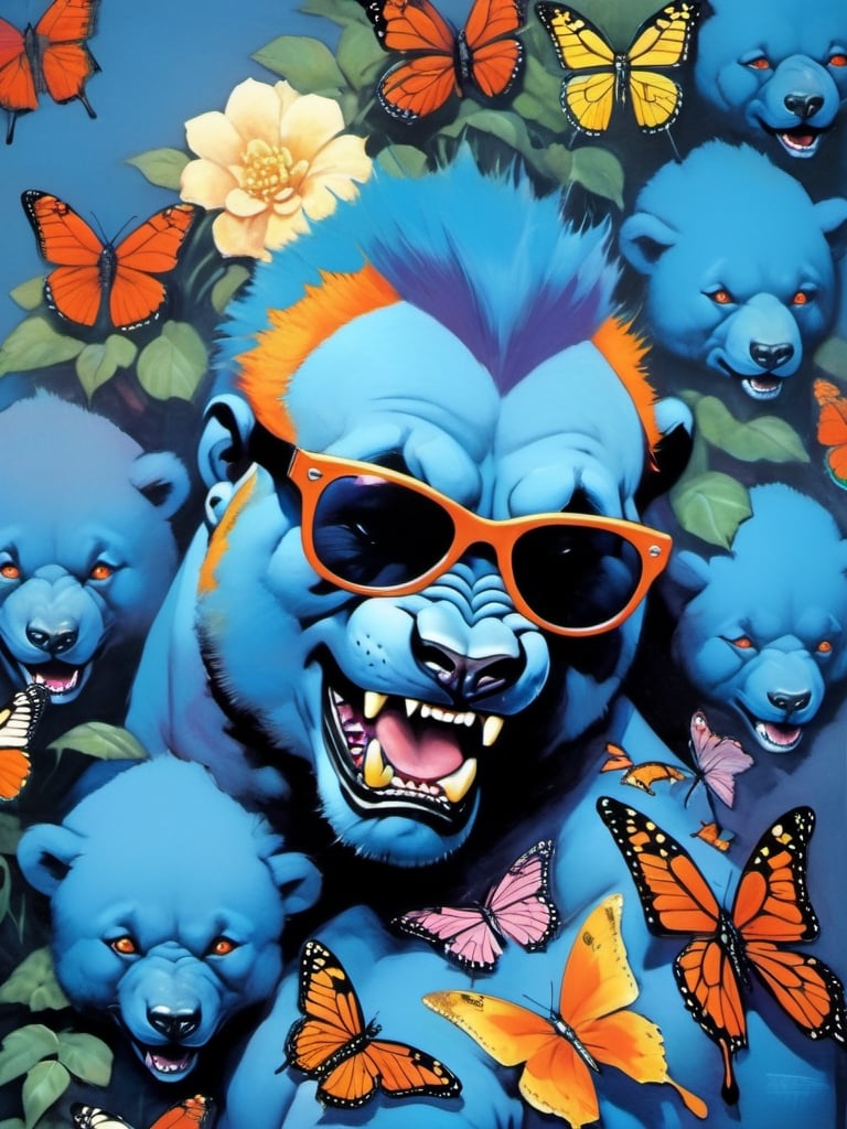 Blue bear with many baby bears, Horror Comics style, art by brom, tattoo by ed hardy, shaved hair, neck tattoos andy warhol, heavily muscled, biceps,glam gore, horror, blue bear, demonic, hell visions, demonic women, military poster style, chequer board, vogue bear portrait, Horror Comics style, art by brom, smiling, lennon sun glasses, punk hairdo, tattoo by ed hardy, shaved hair, neck tattoos by andy warhol, heavily muscled, biceps, glam gore, horror, poster style, flower garden, Easter eggs, coloured foil, oversized monarch butterflies, tropical fish, flower garden,