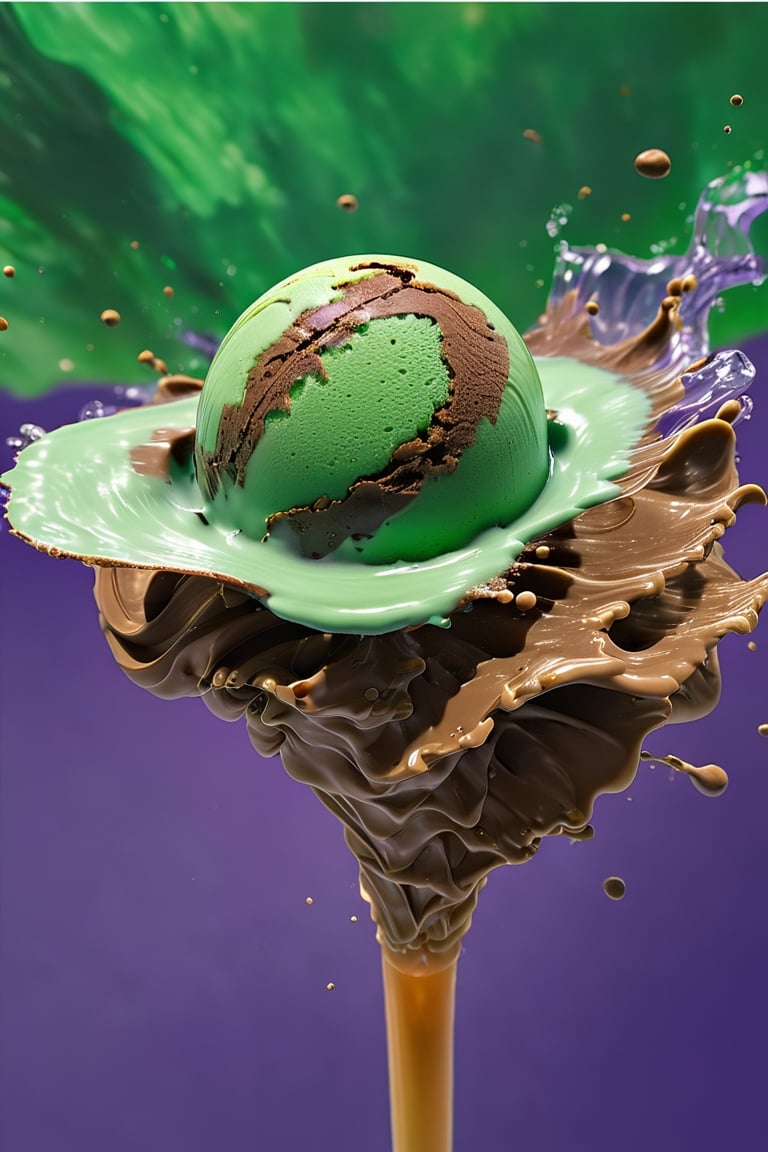 an extreme close up macro photograph of chocolate chip mint ice cream with green  cream, kiwi fruit slices, in a stylish modern glass, ice cubes, nuts, large mint leaves, in a gradient black to purple background, fluid motion, dynamic movement, cinematic lighting, Mysterious, golden ratio, fake detail, trending pixiv fanbox, acrylic palette knife, style of makoto shinkai studio ghibli genshin impact james gilleard greg rutkowski chiho aoshima,action shot,ice and water, digital artwork by Beksinski