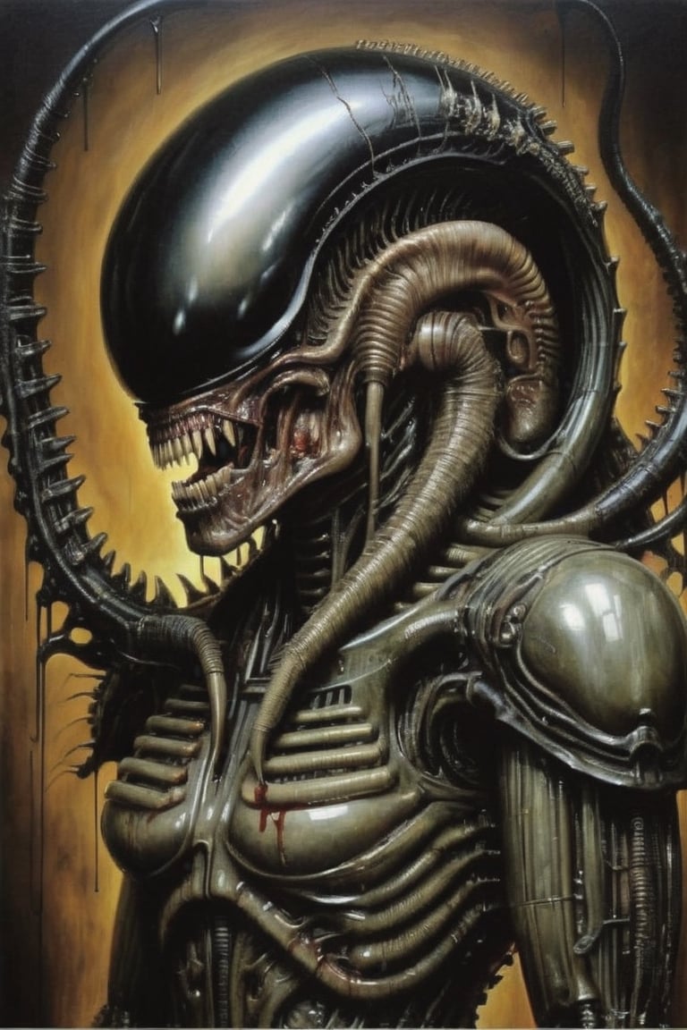 a oil painting portrait, art by steve bisley, art by hr giger, a masterpiece, stunning beauty, hyper-realistic oil painting, a xenomorph, low lighting, intense shadows, dripping blood and sweat, messed up, battling human troopers, a telephoto shot, 1000mm lens, f2,8, ,Matrix code