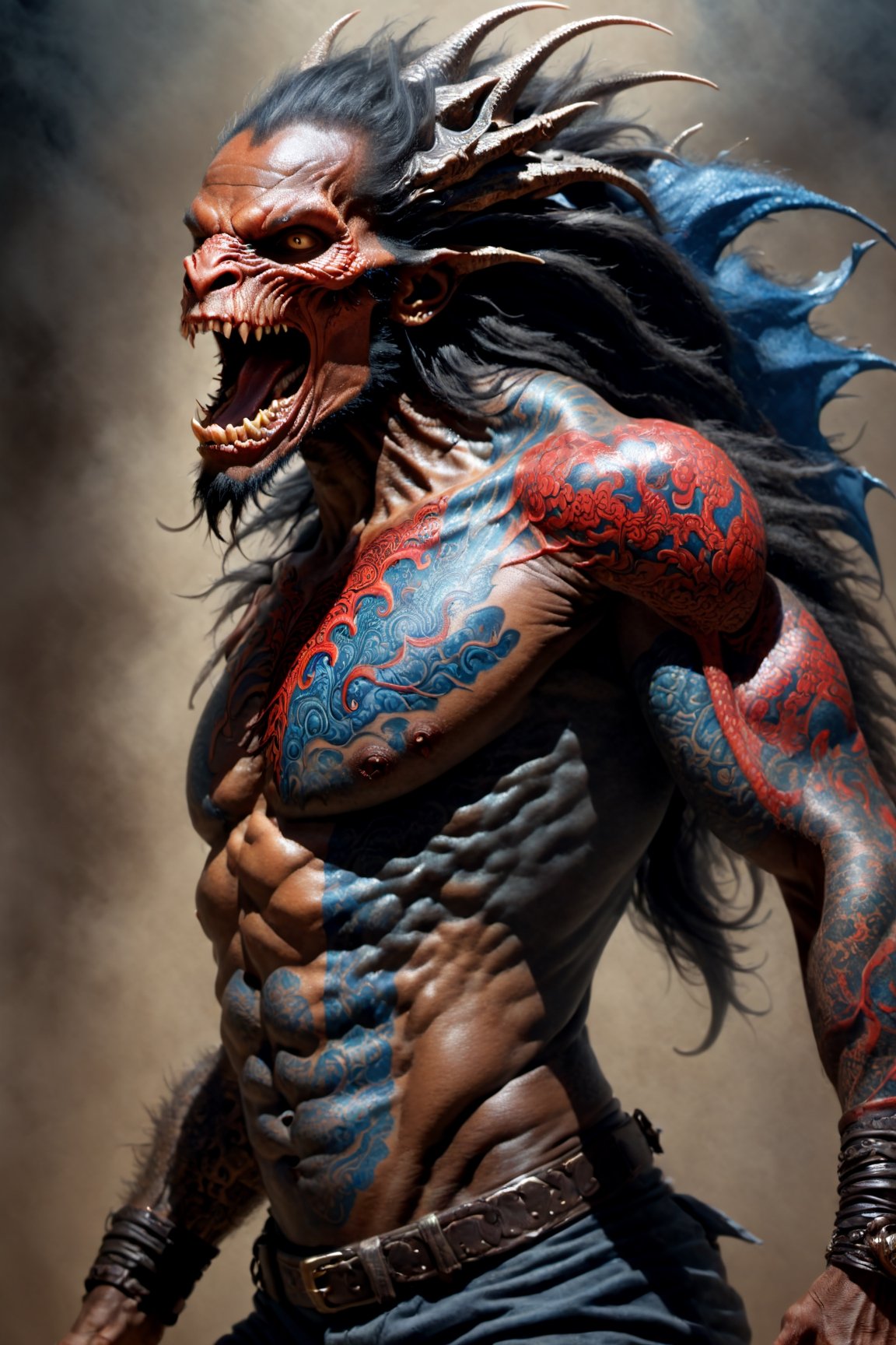 An sexy black african mans arm and shoulder, mid shot, man is staring at the viewer, raging, long hair, the arm and shoulder are  covered in a very detailed intricate red and blue dragon tattoo that is protruding outfrom the skin, coming alive, its screaming, scratching, similar to dragon tattoo by Boris Vallejo, slowly you see the small dragon tattoo in parts is coming out of the skin and becoming a real version of the tattoo, sticking out, scales, extended claws, 16K, movie still, cinematic, ,omatsuri