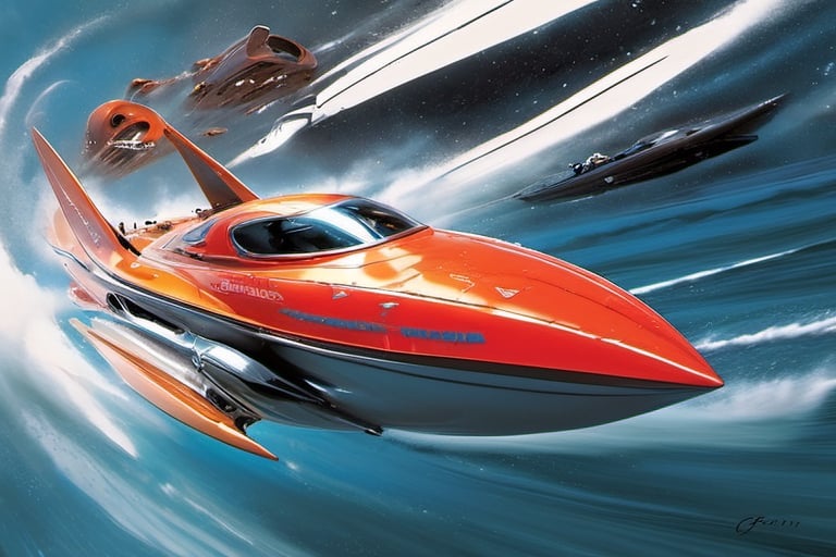 a futuristic concept speedboat , racing other speedboats, racing colours, racing numbers, rocket thrusters, outriggers, glass roofs, aerodynamic, struggling to win the race, art by glen keane, art by john Berkey, art by chris foss, art by frank frazetta, 