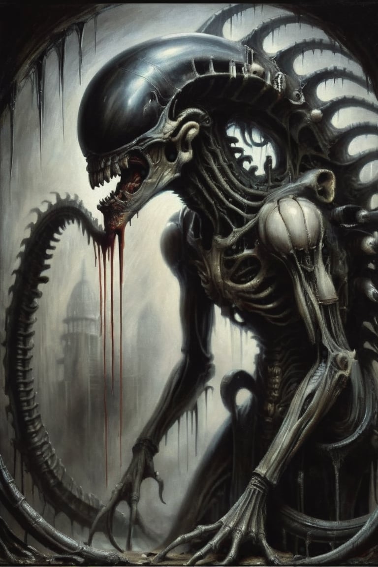a oil painting portrait, art by steve bisley, art by hr giger, a masterpiece, stunning beauty, hyper-realistic oil painting, a xenomorph, low lighting, intense shadows, dripping blood and sweat, messed up, battling human troopers, a telephoto shot, 1000mm lens, f2,8, ,Matrix code,darkart,zkeleton