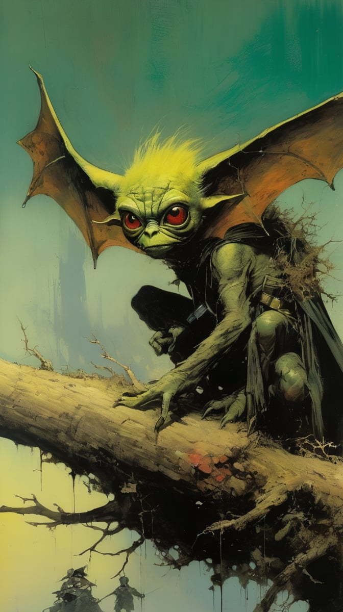 art by ralph steadman, art by brom, art by simon bisley, a masterpiece, ahighly detaikled, a star wars crearure, big boggly eyes, small dark pupil, bat like ears, short fluffy skin and fur, cling to a branch with small black scaley hands, sigma 1000 mm lens, f2.8, eyes in focus, 