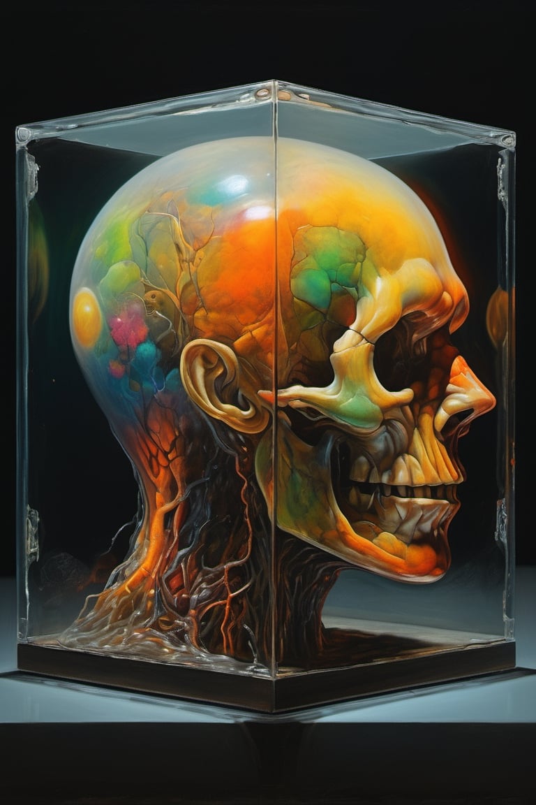art by yashitomo nara, a cube shaped head in a transparent box, stunning beauty, hyper-realistic oil painting, vibrant colors, dark chiarascuro lighting, a telephoto shot, 1000mm lens, f2,8,Vogue,more detail XL
