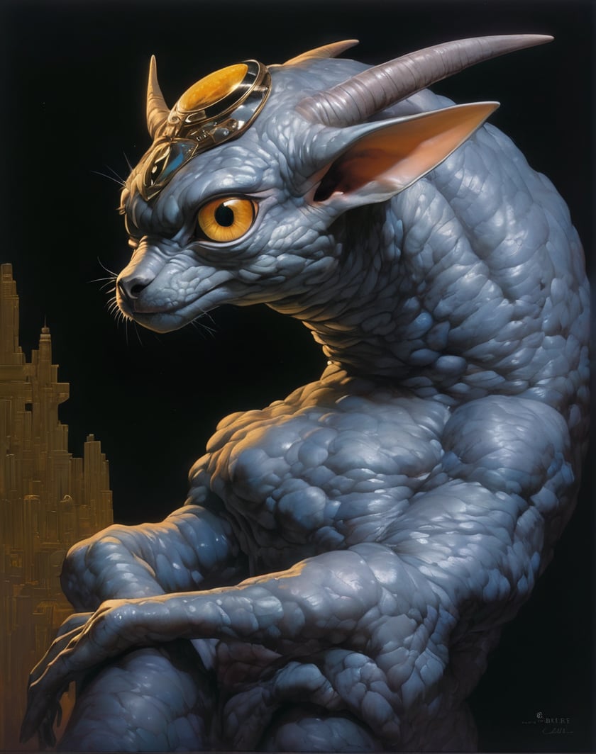 art by Masamune Shirow, art by J.C. Leyendecker, art by boris vallejo, art by gustav klimt, art by simon bisley, a masterpiece, stunning beauty, hyper-realistic oil painting, a star wars crearure, big boggly eyes, small dark pupil, pointy ears, short fluffy skin in tufts, sinewy veiny skin,  just waking up, annoyed, small creepy hands, sigma 1000 mm lens, f2.8, eyes in focus,