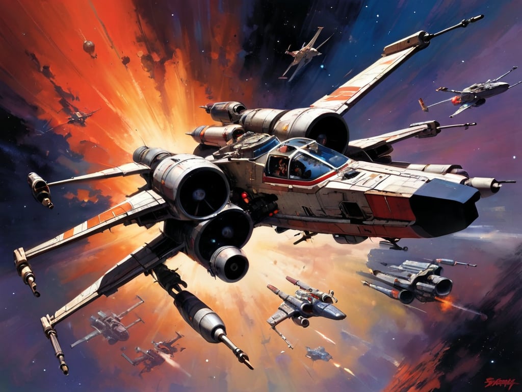 art by simon bisley, art by john berkey, a masterpiece, stunning detail, a rebellion X-Wing flying through the galaxy, 