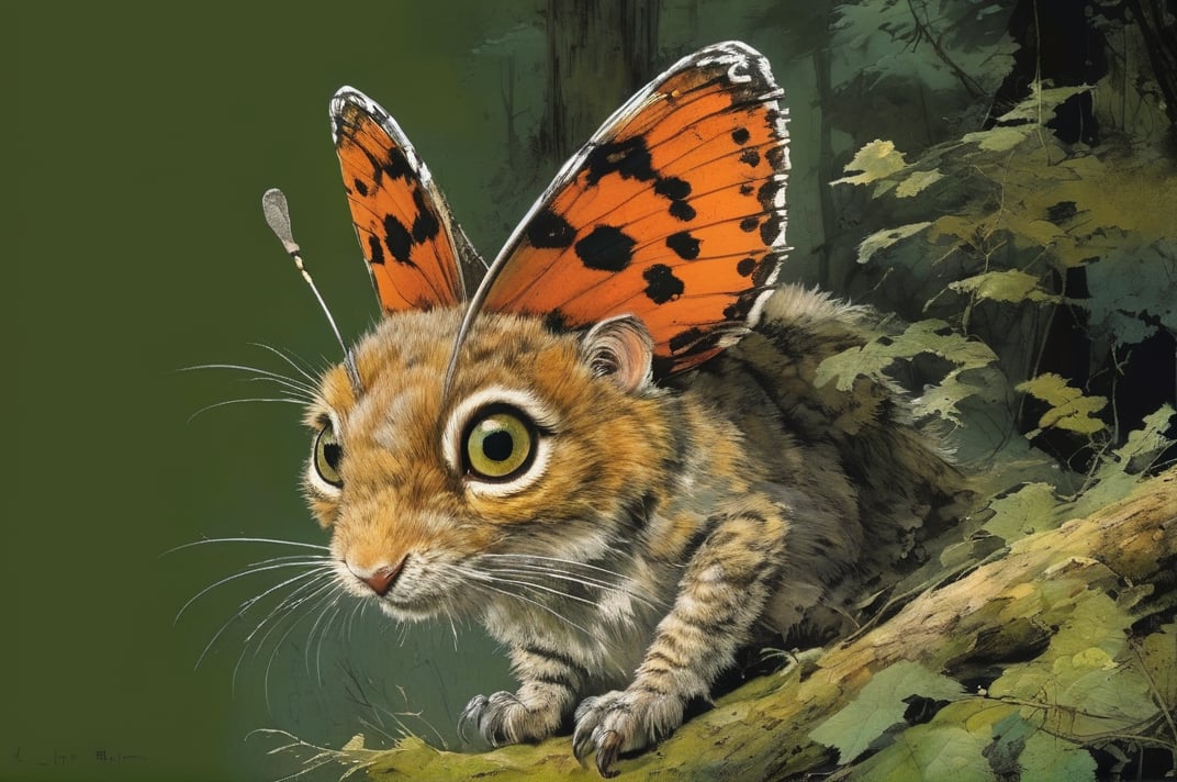 art by ralph steadman, art by brom, art by simon bisley, a masterpiece, ahighly detailed, a scj fi type creature, big bright boggly eyes, small dark pupil, butterfly like ears, short fluffy skin and fur, cling to a branch with small black scaley hands, bushy forest backdrop, sigma 1000 mm lens, f2.8, eyes in focus, 