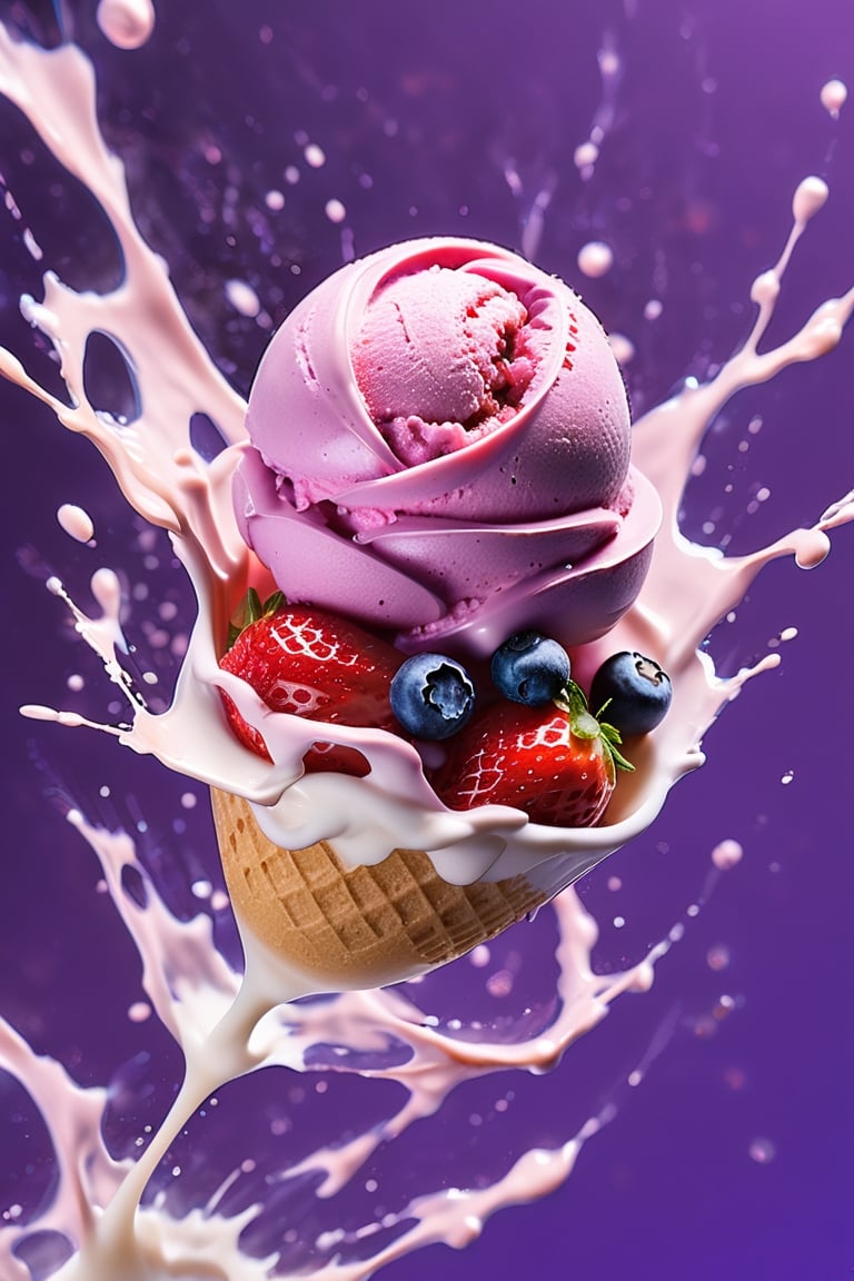 an extreme macroscopic close up photograph of strawberry ice cream with milk cream, in a stylish modern glass, ice cubes, maraschino cherries, blueberries, dark chocolate sauce, nuts, mint leaves, splashing milk cream, in a gradient purple background, fluid motion, dynamic movement, cinematic lighting, Mysterious, golden ratio, fake detail, trending pixiv fanbox, acrylic palette knife, style of makoto shinkai studio ghibli genshin impact james gilleard greg rutkowski chiho aoshima,digital artwork by Beksinski,action shot,ice and water