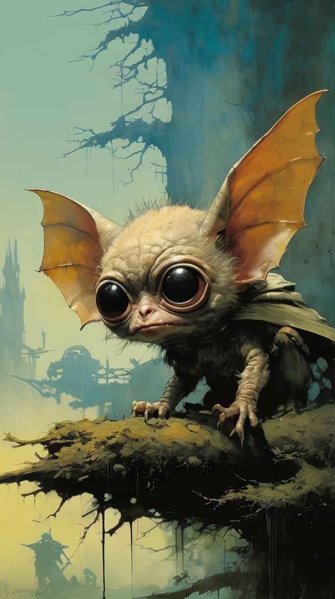 art by ralph steadman, art by brom, art by simon bisley, a masterpiece, ahighly detaikled, a star wars crearure, big boggly eyes, small dark pupil, bat like ears, short fluffy skin and fur, cling to a branch with small black scaley hands, sigma 1000 mm lens, f2.8, eyes in focus, 