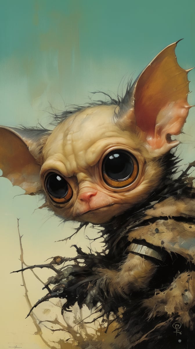 art by ralph steadman, art by brom, art by simon bisley, a masterpiece, ahighly detaikled, a star wars crearure, big boggly eyes, small dark pupil, bat like ears, short fluffy skin and fur, cling to a branch with small black scaley hands, sigma 1000 mm lens, f2.8, eyes in focus, 