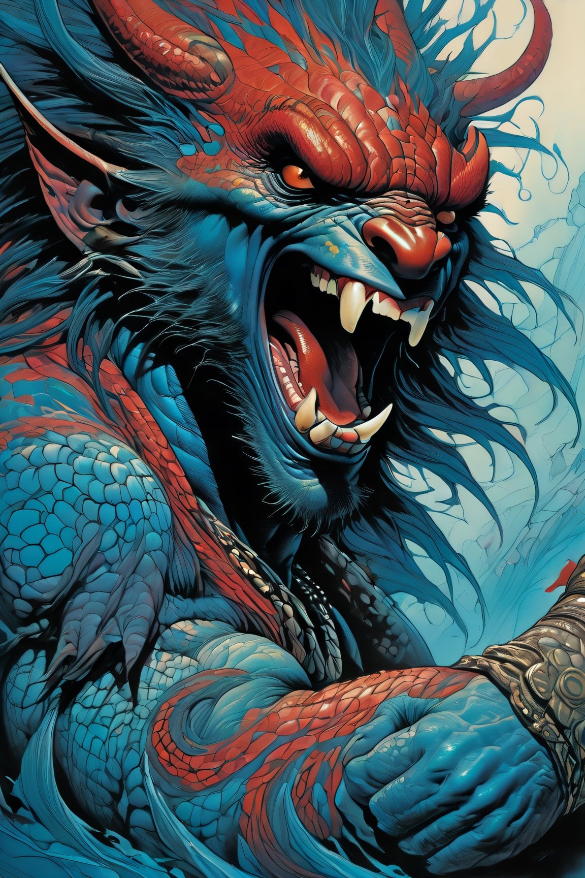 close up of the mans face, a sexy black african mans arm and shoulder, man is staring screaming at the viewer, raging, long hair, the arm and shoulder are covered in a very detailed intricate red and blue dragon tattoo that is protruding outfrom the skin, coming alive, its screaming, scratching, similar to dragon tattoo by Boris Vallejo, slowly you see the small dragon tattoo in parts is coming out of the skin and becoming a real version of the tattoo, sticking out, scales, extended claws, spit, spittle, blood drops, 16K, movie still, cinematic, ,omatsuri,DonMn1ghtm4reXL