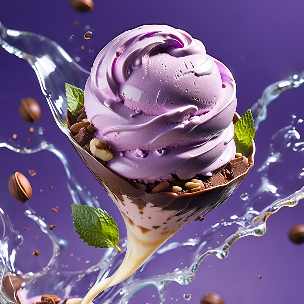 an extreme close up, macro photograph of chocolate chip mint ice cream with lime milk cream, in a stylish modern glass, ice cubes, nuts, mint leaves, splashing milk cream, in a gradient purple background, fluid motion, dynamic movement, cinematic lighting, Mysterious, golden ratio, fake detail, trending pixiv fanbox, acrylic palette knife, style of makoto shinkai studio ghibli genshin impact james gilleard greg rutkowski chiho aoshima,action shot,ice and water, mint water, 