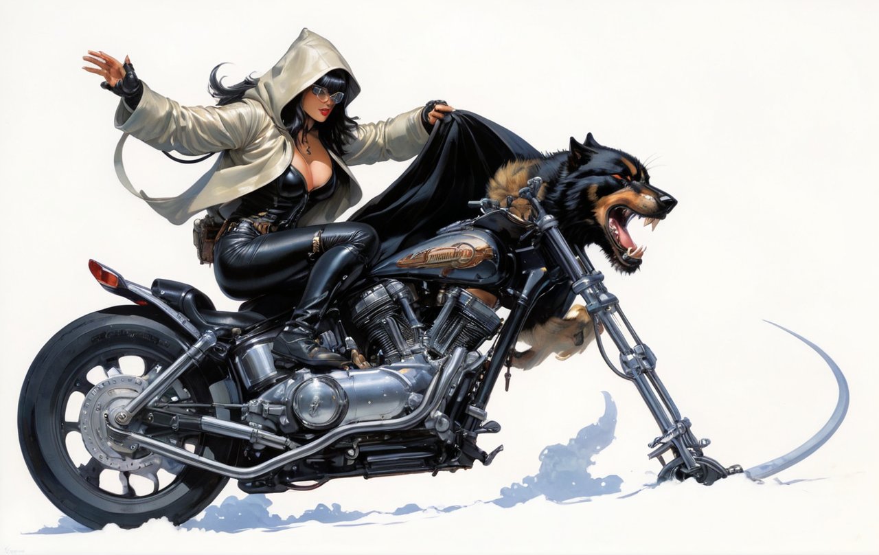 art by Masamune Shirow, art by J.C. Leyendecker, art by boris vallejo, art by brom, art by simon bisley, a masterpiece, a dude riding a hells harleydavidson, a hotted up sexy bike sled, wolf styled fuel container, ape hanger handlebars, wearing a hooded cloak, looking fucking cool, 