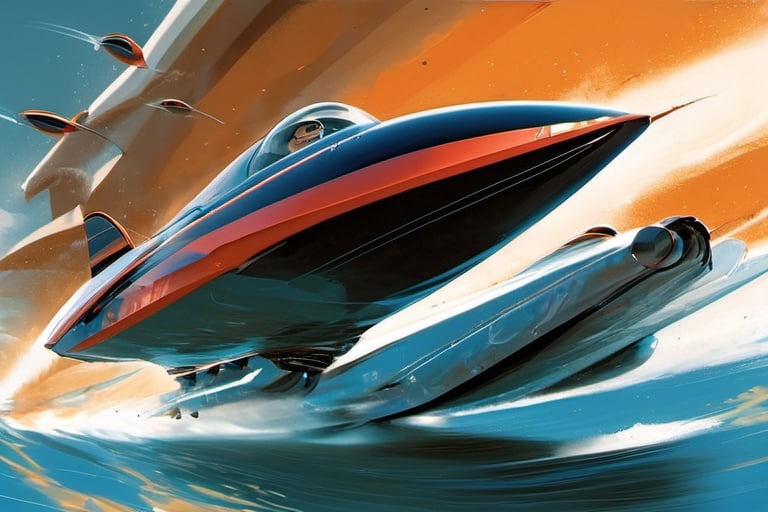 a futuristic concept speedboat , racing other speedboats, racing colours, racing numbers, rocket thrusters, outriggers, glass roofs, aerodynamic, struggling to win the race, art by glen keane, art by john Berkey, art by chris foss, art by frank frazetta, 