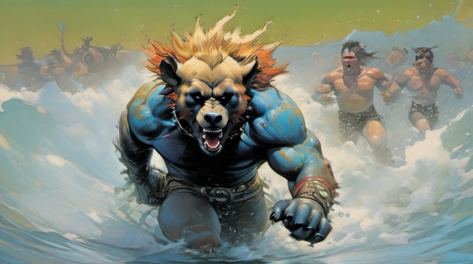 bear running at viewer, in water, Horror Comics style, art by brom, tattoo by ed hardy, shaved hair, neck tattoos andy warhol, heavily muscled, biceps,glam gore, horror, blue bear, demonic, hell visions, demonic women, military poster style, chequer board, vogue bear portrait, Horror Comics style, art by brom, smiling, lennon sun glasses, punk hairdo, tattoo by ed hardy, shaved hair, neck tattoos by andy warhol, heavily muscled, biceps, glam gore, horror, poster style, ,action shot