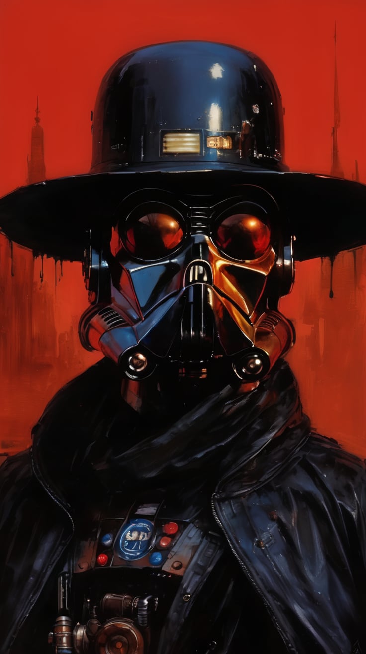 art by simon bisley, art by ralph steadman, art by vallejo, a masterpiece, stunning detail, (((R2D2 the droid))), supreme leader of the empire,  a proud figure, superior in power, knowledge and might, wearing a black panama hat and a black leather jacket, 