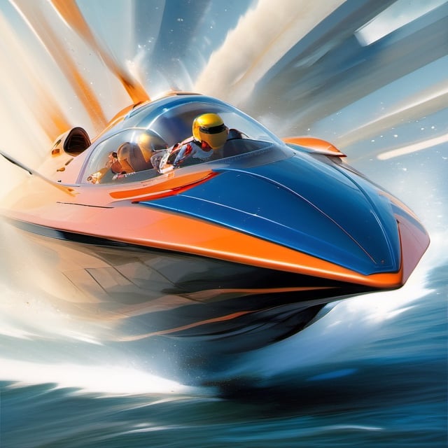 a futuristic concept speedboat , racing other speedboats, racing colours, racing numbers, rocket thrusters, outriggers, glass roofs, aerodynamic, struggling to win the race, art by glen keane, art by john Berkey, art by chris foss,  art by frank frazetta, acrylic block art, 