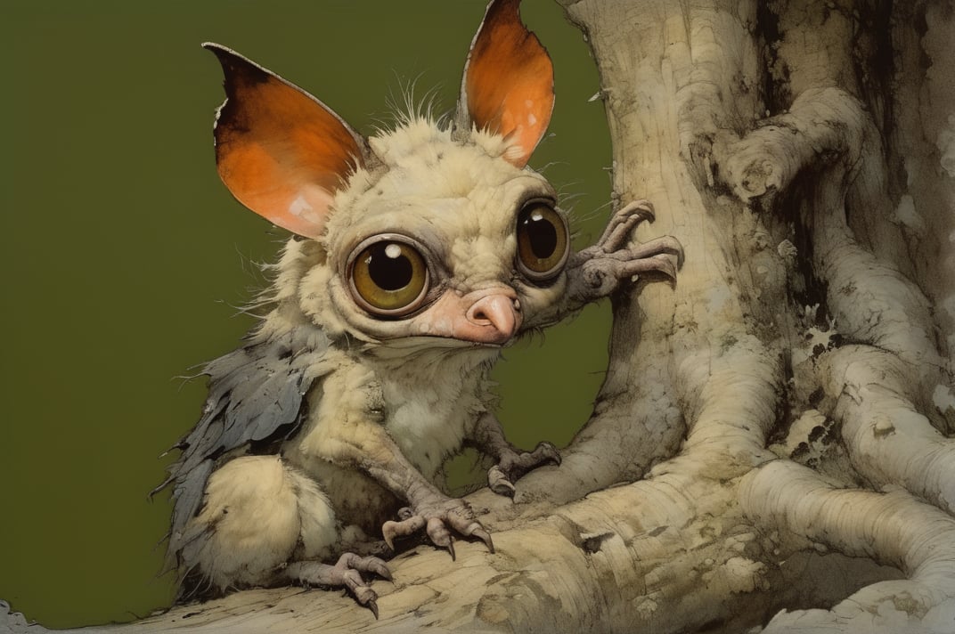 art by ralph steadman, art by brom, art by simon bisley, a masterpiece, ahighly detailed, a creature, big boggly eyes, small dark pupil, bat like ears, short fluffy skin and fur, cling to a branch with small black scaley hands, sigma 1000 mm lens, f2.8, eyes in focus, 