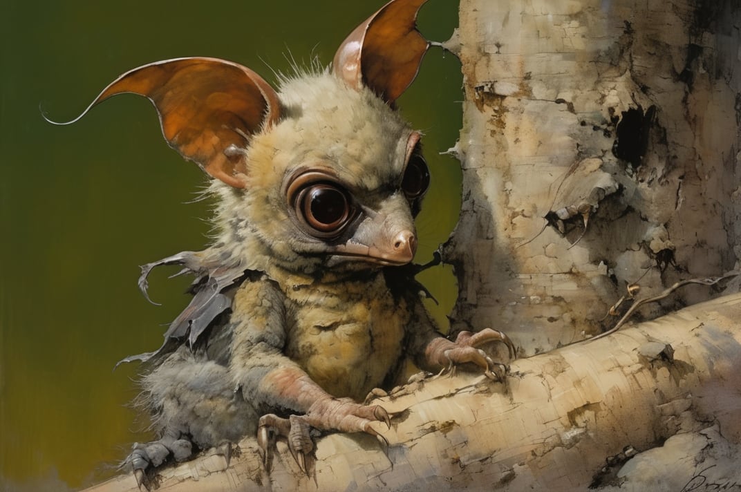 art by ralph steadman, art by brom, art by simon bisley, a masterpiece, ahighly detailed, a creature, big boggly eyes, small dark pupil, bat like ears, short fluffy skin and fur, cling to a branch with small black scaley hands, sigma 1000 mm lens, f2.8, eyes in focus, 